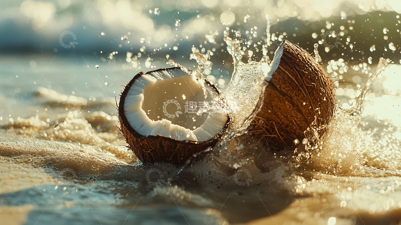 高清大图下载【趣麦麦图】海浪冲刷椰子