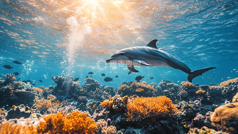 高清大图下载【趣麦麦图】海豚在珊瑚礁中畅游