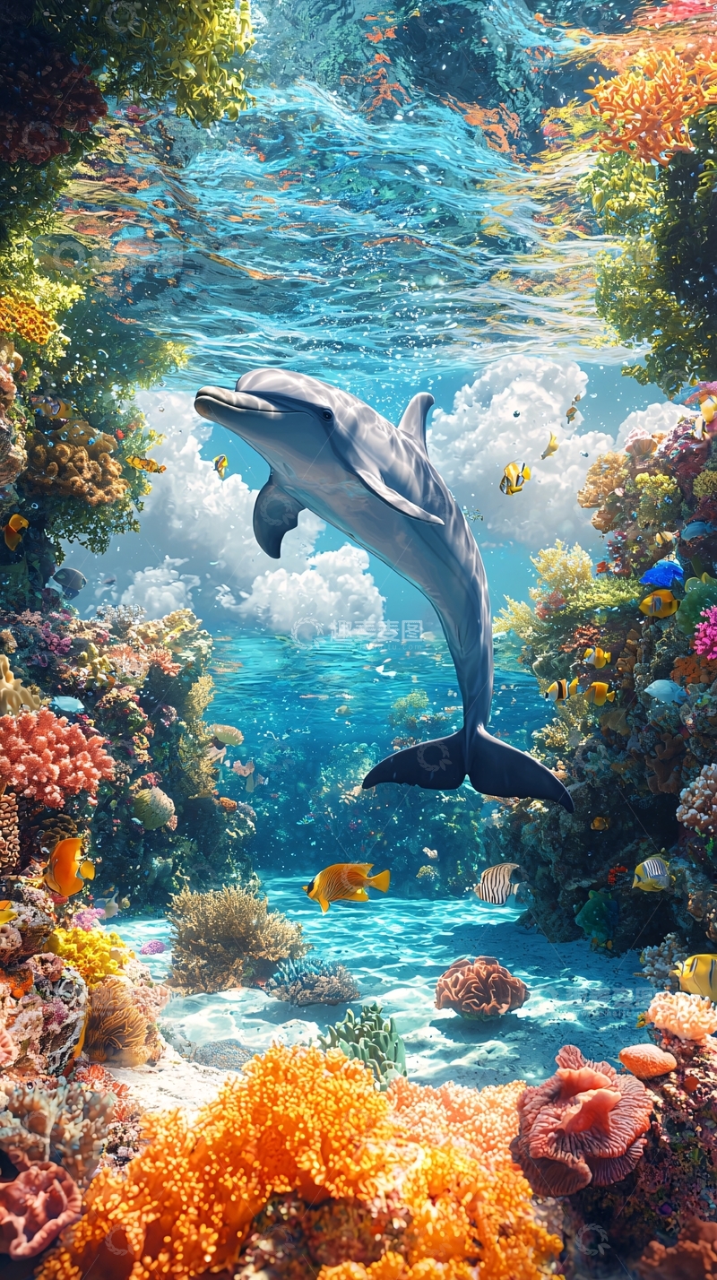 高清大图下载【趣麦麦图】海豚在珊瑚礁中畅游