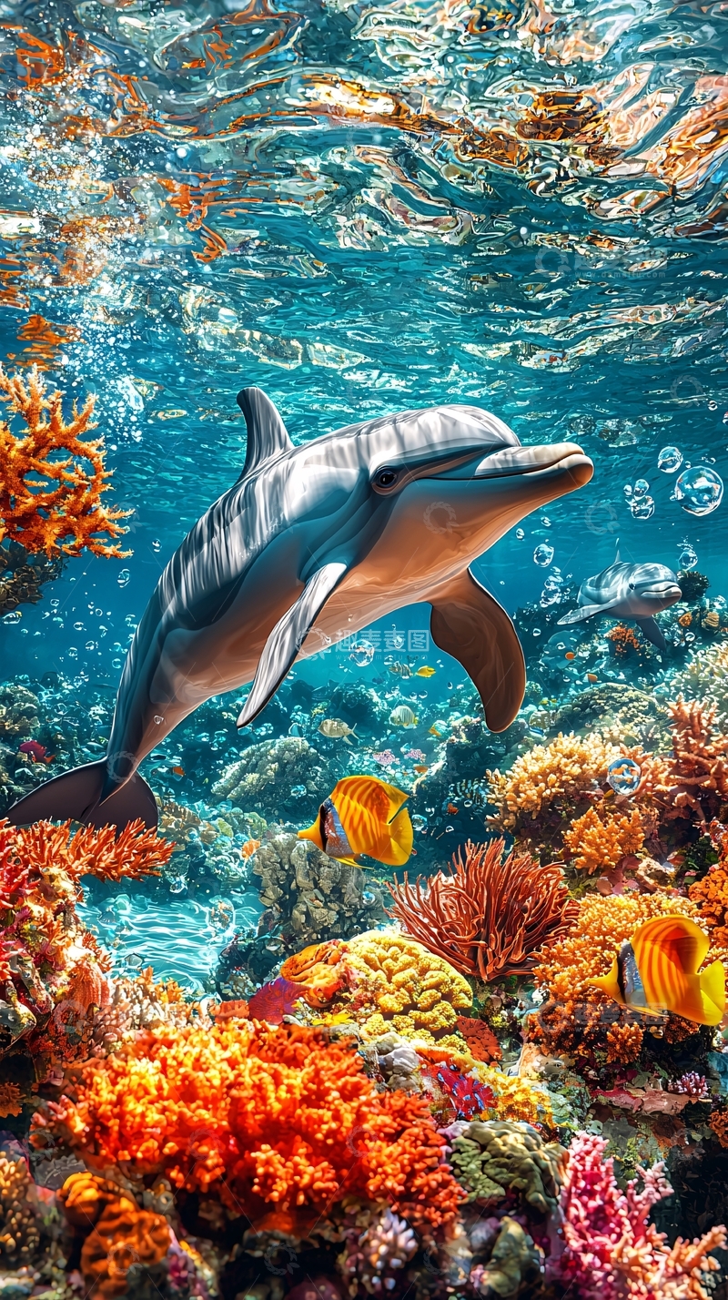 高清大图下载【趣麦麦图】海豚在珊瑚礁中畅游