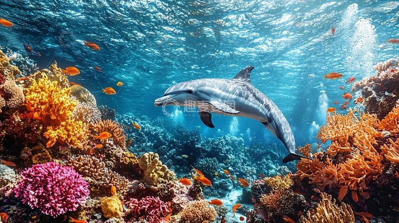 高清大图下载【趣麦麦图】水中海豚与珊瑚礁