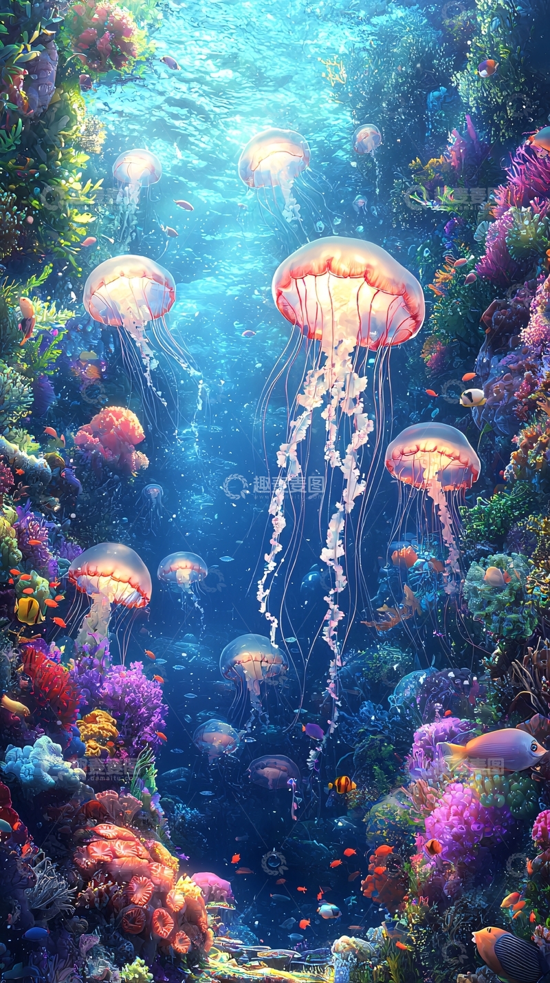 高清大图下载【趣麦麦图】水母在珊瑚礁中游动