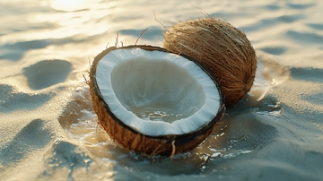 沙滩上破开的椰子