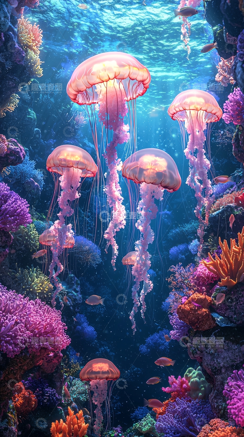 高清大图下载【趣麦麦图】水母在珊瑚礁中游动