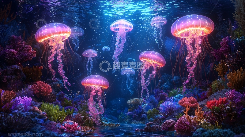 高清大图下载【趣麦麦图】水母群在珊瑚礁上方发光
