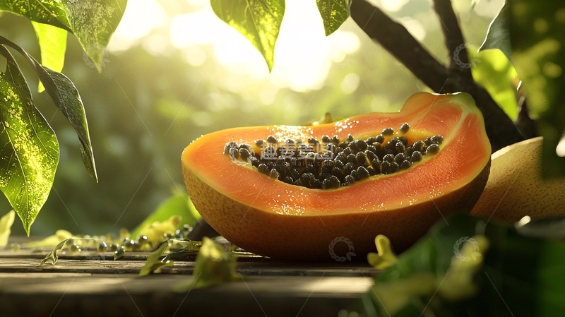 高清大图下载【趣麦麦图】阳光下木桌上剖开的木瓜