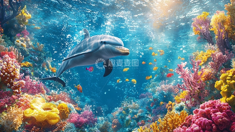 高清大图下载【趣麦麦图】海豚在珊瑚礁中畅游