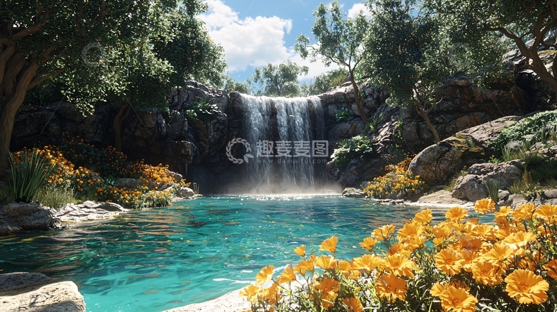 高清大图下载【趣麦麦图】郁郁葱葱的瀑布美景