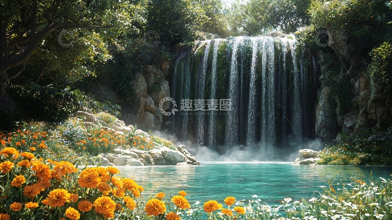 高清大图下载【趣麦麦图】美丽瀑布和鲜花风景