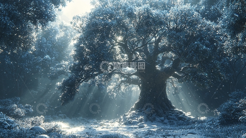 高清大图下载【趣麦麦图】阳光穿过森林大树的梦幻场景