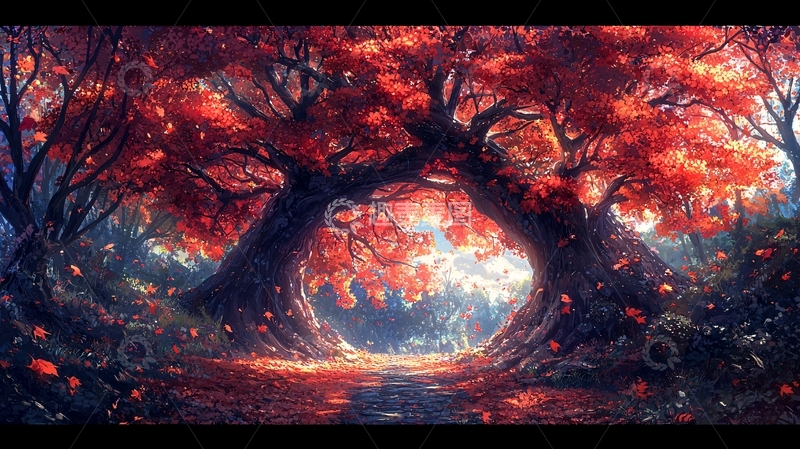 高清大图下载【趣麦麦图】红色枫叶树拱门通道