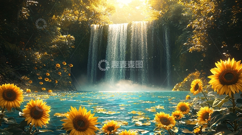 高清大图下载【趣麦麦图】阳光下的瀑布与向日葵