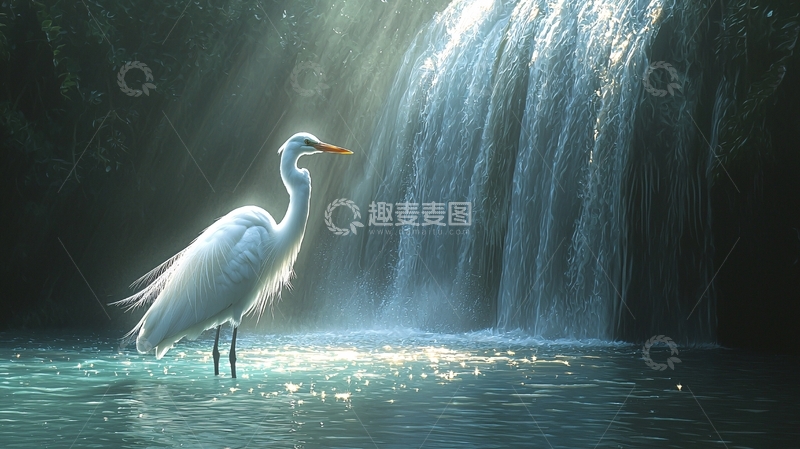 高清大图下载【趣麦麦图】白鹭在瀑布前的水中