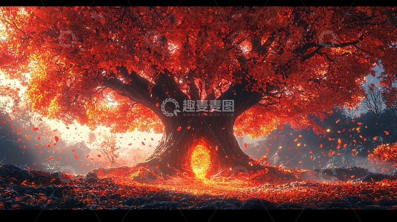 高清大图下载【趣麦麦图】红叶下的神秘大树