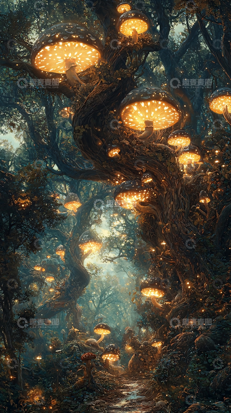 高清大图下载【趣麦麦图】梦幻森林里发光的蘑菇