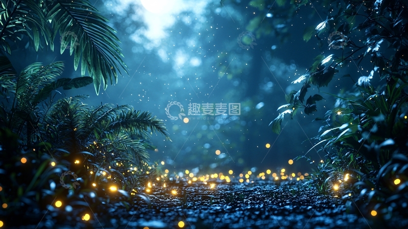 高清大图下载【趣麦麦图】梦幻森林夜景萤火虫