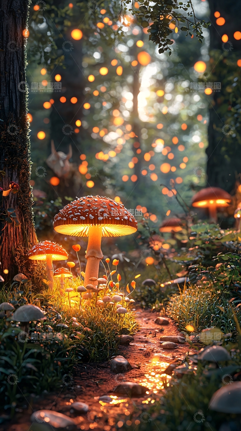 高清大图下载【趣麦麦图】发光蘑菇的森林小径