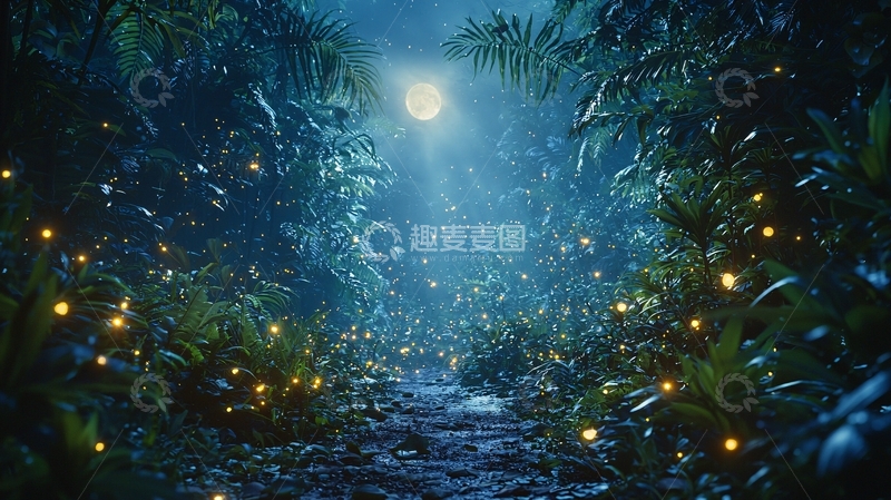 高清大图下载【趣麦麦图】神秘夜间森林萤火虫飞舞