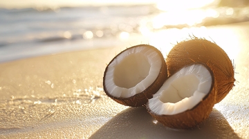 沙滩上破开的椰子