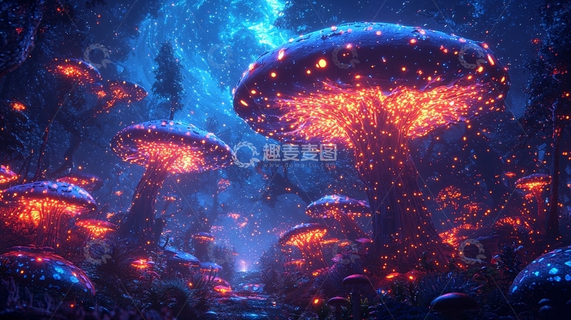 高清大图下载【趣麦麦图】发光蘑菇奇幻森林夜景