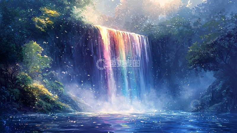 高清大图下载【趣麦麦图】奇幻森林中的彩虹瀑布