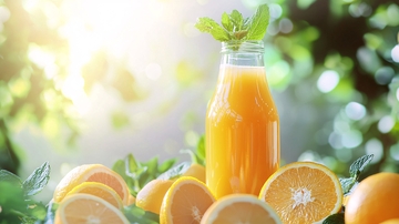 阳光下橙汁和橙子