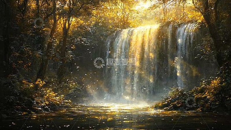 高清大图下载【趣麦麦图】金色森林里的瀑布