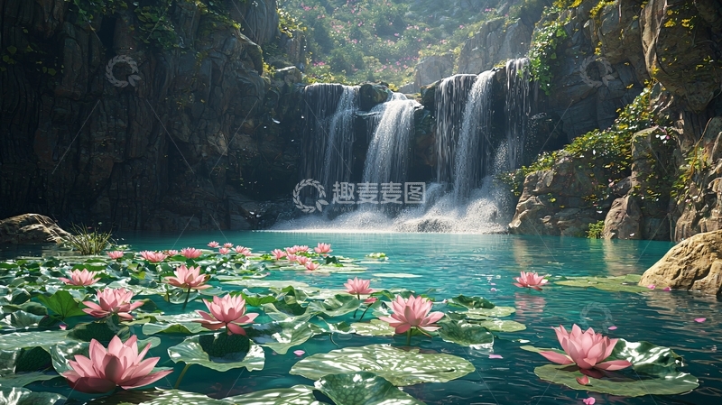 高清大图下载【趣麦麦图】宁静的瀑布莲花池塘美景