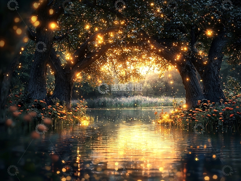 高清大图下载【趣麦麦图】梦幻夜晚小湖光点