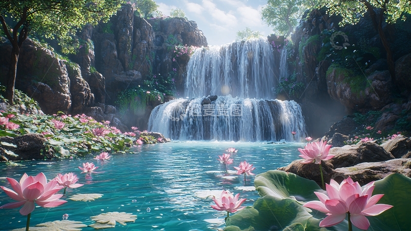 高清大图下载【趣麦麦图】宁静的瀑布和睡莲池塘