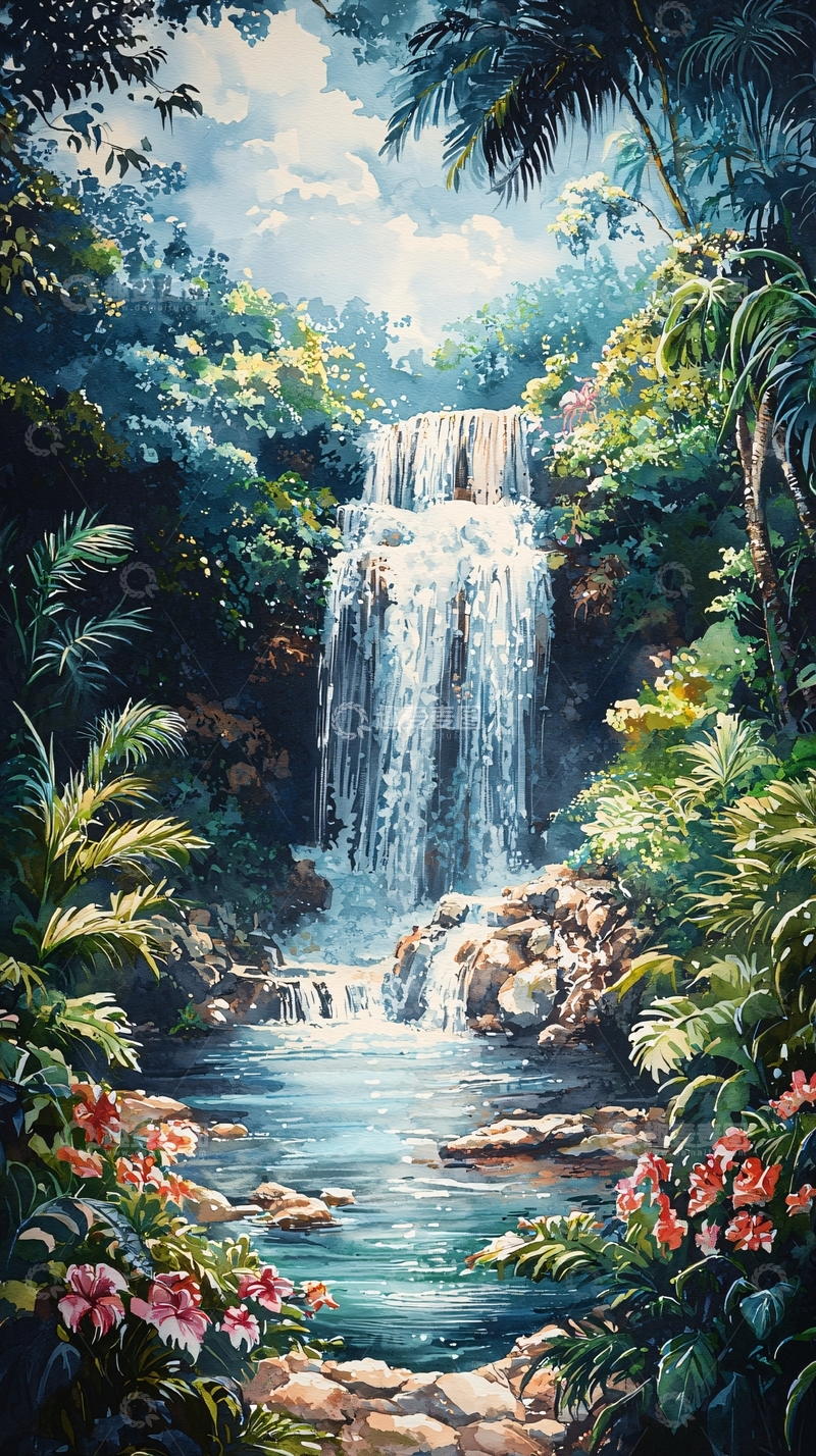 高清大图下载【趣麦麦图】热带雨林中的瀑布