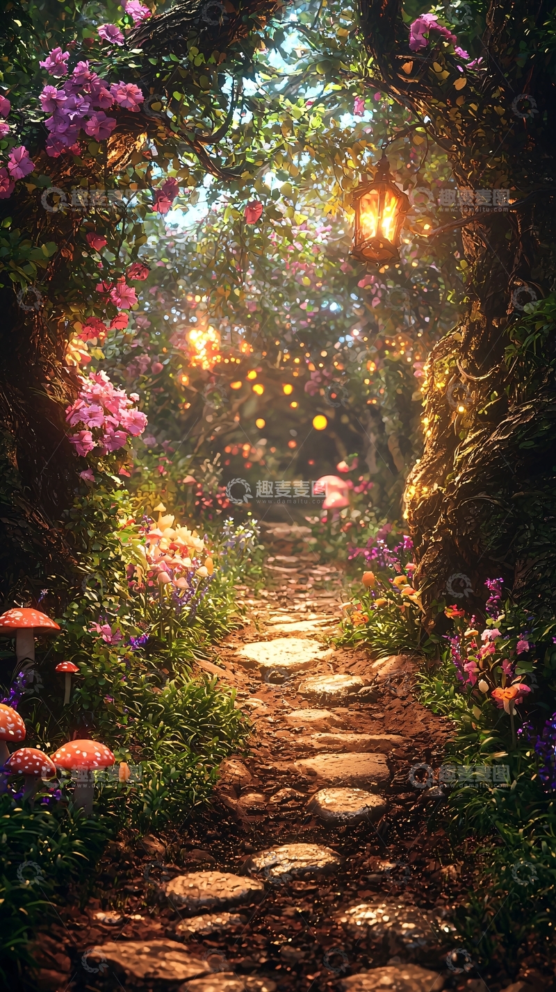 高清大图下载【趣麦麦图】梦幻森林小路与灯光