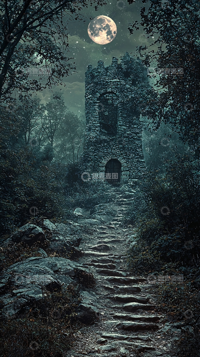 高清大图下载【趣麦麦图】月光下的古老石塔