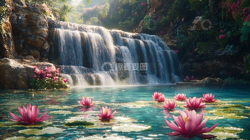高清大图下载【趣麦麦图】瀑布莲花池梦幻美景