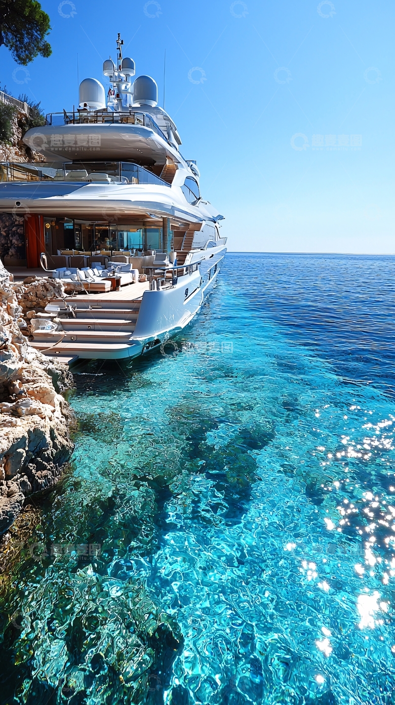 高清大图下载【趣麦麦图】豪华游艇停靠在清澈海边
