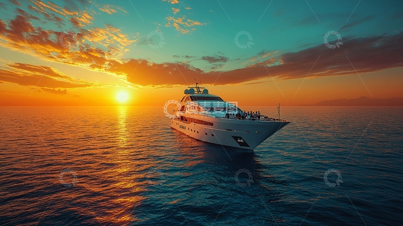 高清大图下载【趣麦麦图】海上日落的豪华游艇