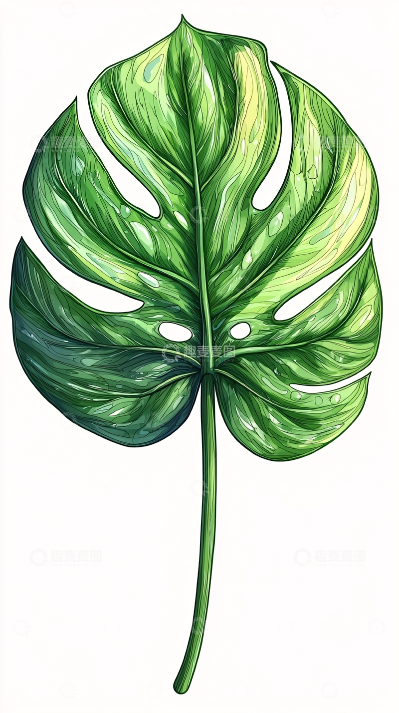 高清大图下载【趣麦麦图】绿叶热带植物水彩画