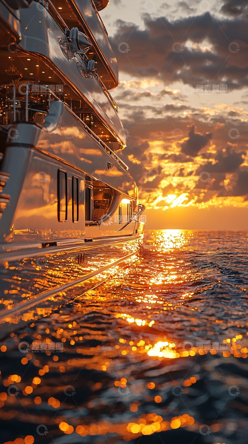 高清大图下载【趣麦麦图】夕阳下的豪华游艇