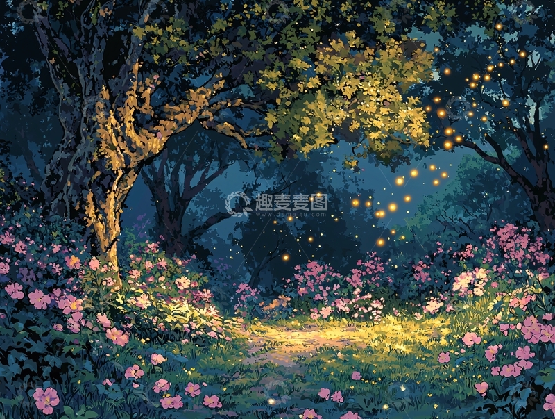 高清大图下载【趣麦麦图】梦幻森林小路花丛萤火虫