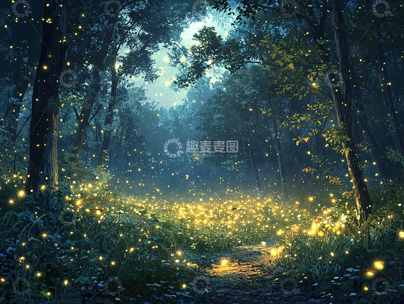 高清大图下载【趣麦麦图】夜间森林萤火虫闪烁光芒