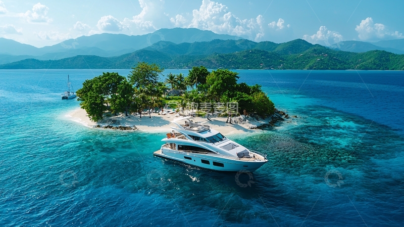 高清大图下载【趣麦麦图】热带岛屿旁的白色游艇