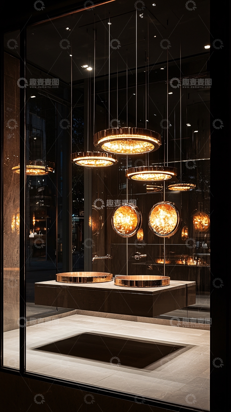 高清大图下载【趣麦麦图】橱窗里悬挂着圆形发光体