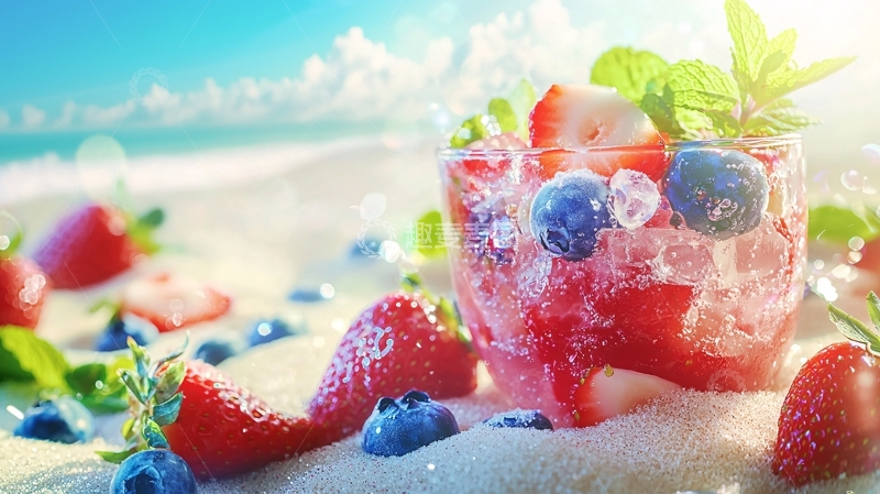 高清大图下载【趣麦麦图】沙滩上草莓蓝莓冰饮