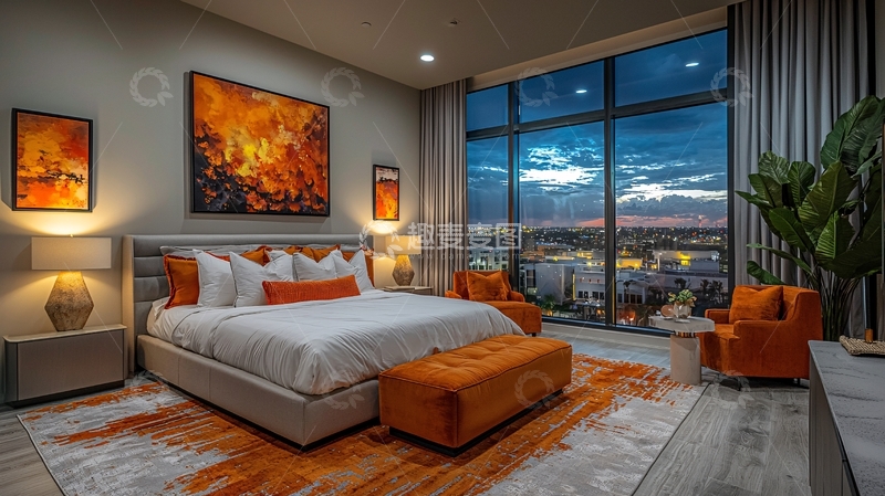 高清大图下载【趣麦麦图】豪华卧室落地窗夜景