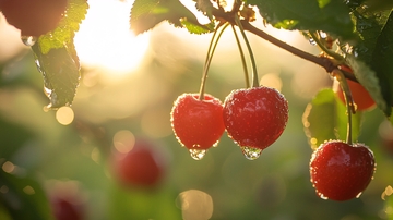 阳光下树枝上的红樱桃