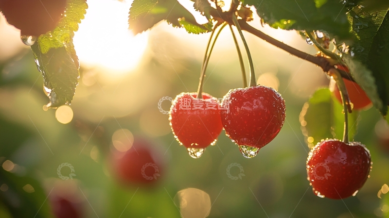 高清大图下载【趣麦麦图】阳光下树枝上的红樱桃