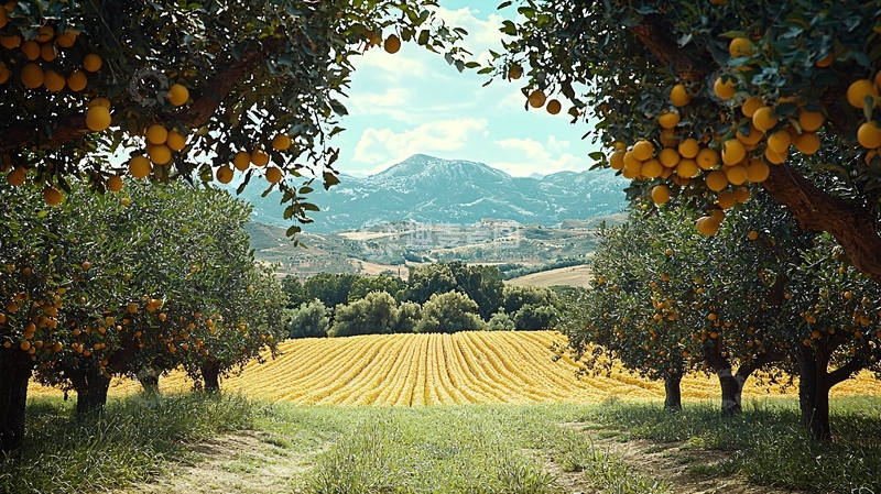 高清大图下载【趣麦麦图】柑橘树下的田野风光