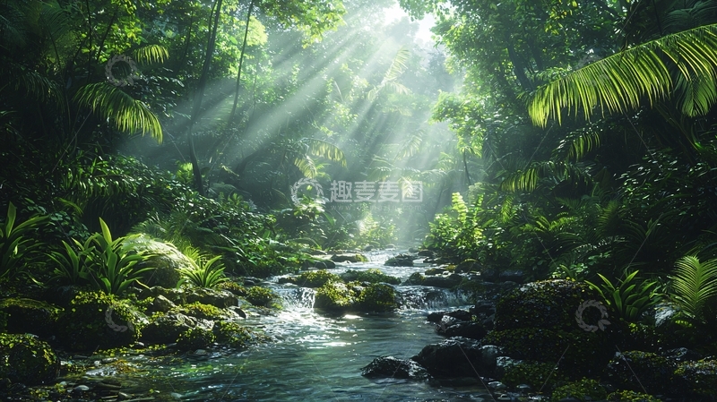 高清大图下载【趣麦麦图】阳光穿透的郁郁葱葱森林