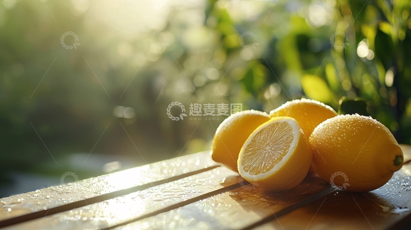 高清大图下载【趣麦麦图】阳光下木板上的柠檬