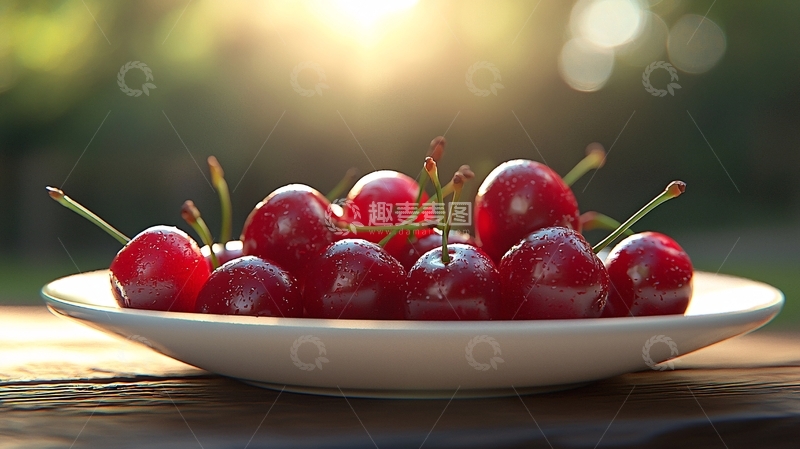 高清大图下载【趣麦麦图】阳光下白盘中红樱桃